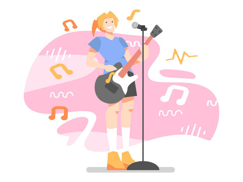 young girl singer, performing with guitar and microphone. musical note icon, tone. isolated on a pink background. concept of singing, band, art. flat vector illustration