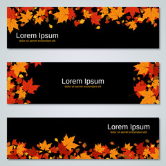 Autumn style horizontal vector banners collection. Black background with colorful leaves