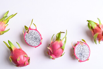 Dragon fruit or pitaya on white background, Tropical fruit, Flat lay
