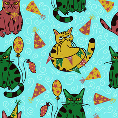 Grumpy cartoon cats seamless vector pattern. Cute animals in party caps with balloons. The pets are celebrating their birthday. Displeased kittens on a light background. Flat style. Hand-drawn doodles