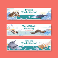 Obraz premium Banner template with international whale shark day concept,watercolor style