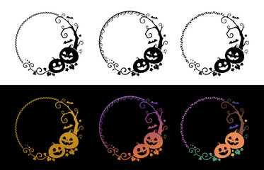 ハロウィンのカボチャと木の飾り枠_丸いフレーム_シルエット素材セット