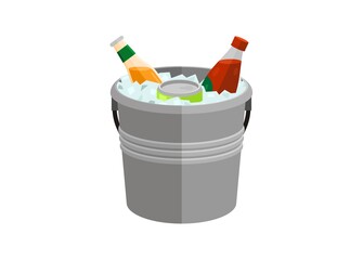 Bucket contains ice and soft drinks. Simple flat illustration