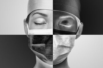 Coronavirus face mask Asian medical doctor tired depressed. Divide polarity of each side....