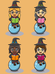 Vector illustration of Cute girls in witch costume read magic book above Crystal ball. Halloween witch collection. Collection of different cute beautiful witches.