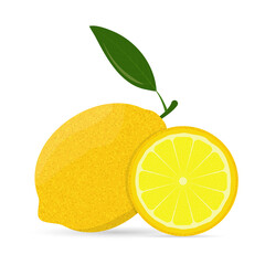 Bright lemon with a leaf isolated on a white background. Vector flat illustration.
