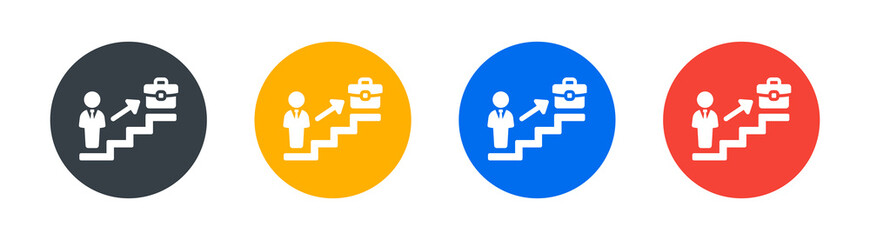 Career advancement icon. Businessman walking up stairs to higher job position icon.