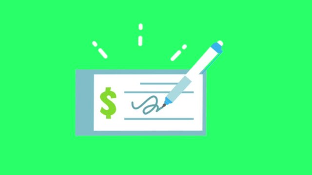 Animation cashier's check  for stock signals ongreen background.