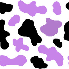 Watercolor hand drawn seamless cow print fabric pattern, black white pastel purple violet colors. Cowboy cow girl western background illustration design, milk farm wallpaper.