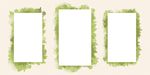 3 Tarjetas blanca con fondo claro y verde, galería, tarjetas de negocio y presentación