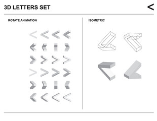 3d Less-than sign Alphabet Letters Set Animate Isometric Wireframe Vector