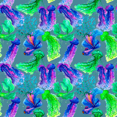 Naklejka na ściany i meble Seamless watercolor paper. Marine life,corals,fish, algae, mermaid, starfish, shell.Underwater tropical world in the illustration.On a colored background.