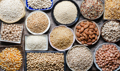 Variety kind of dry organic cereal and grain seeds in wooden bowl, for healthy or clean food ingredient or agricultural product concept