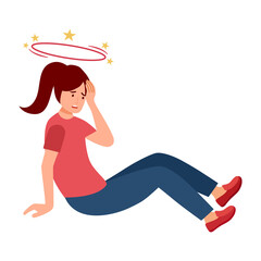 Sick woman feeling dizzy in flat design on white background. Unwell girl with spinning stars above her head.