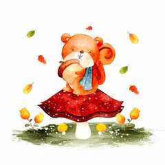 Watercolor autumn squirrel with fallen leaves