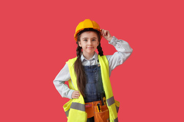 Cute little architect on color background