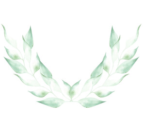 Illustration of a watercolor drawing of green leaves of plants on a white isolated background in the form of a floral semi circle