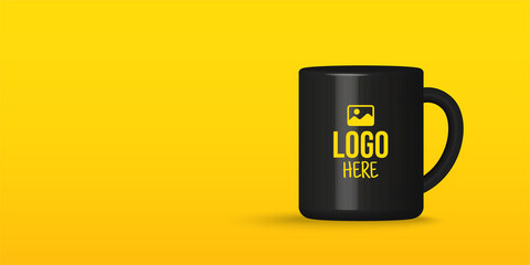 Realistic black tea or coffee cup mockup isolated on yellow background