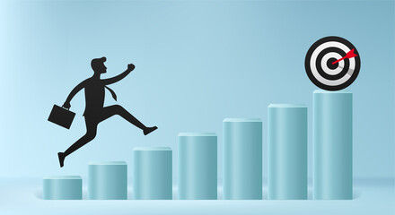 Silhouette of businessman jumps over obstacle to traget, business overcome and success concept