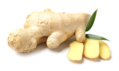 Fresh ginger with slices on white background