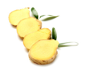 Slices of fresh ginger on white background