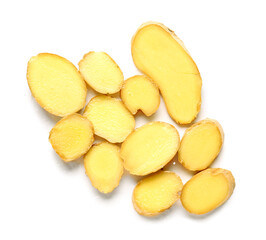 Slices of fresh ginger on white background