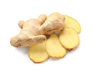Fresh ginger with slices on white background