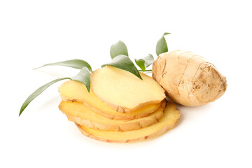 Fresh ginger with slices on white background