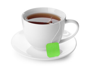Cup of aromatic hot tea isolated on white