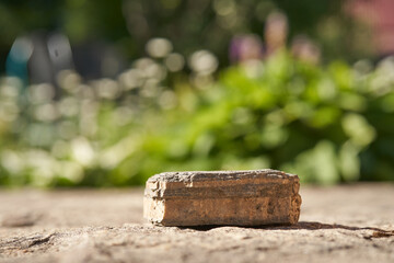 Stone on the background of green plants, the perfect podium for your product, natural background with textured pedestal. High quality photo