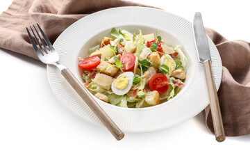 Plate with tasty Caesar salad on white background
