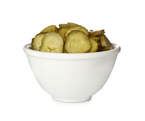 Slices of tasty pickled cucumbers in bowl isolated on white