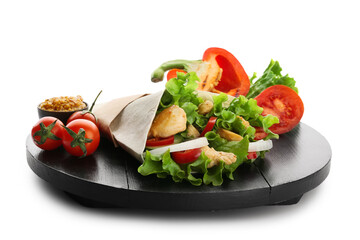 Board with tasty doner kebab and mustard on white background