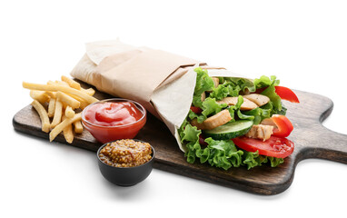 Board with tasty doner kebab, sauces and french fries on white background
