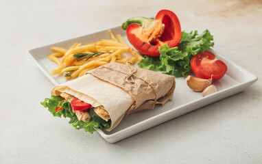 Tasty doner kebab and french fries on light background