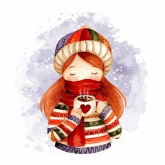 Watercolor beautiful girl drinking hot coffee