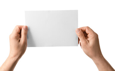 Man holding blank sheet of paper on white background, closeup