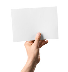 Obraz premium Man holding blank sheet of paper on white background, closeup