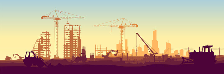 Construction site with a tower crane. Excavators are digging the ground. Buildings are being erected by cranes. Panoramic view of the construction site. Background for presentation, poster, cover. EPS