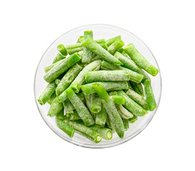 Bowl with frozen green beans on white background