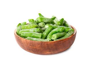 Bowl with frozen green beans on white background