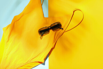 Stylish swimsuit and sunglasses on color background