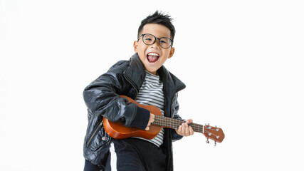 Attractive cutout portrait of smart Asian boy wearing glasses, black jacket, and long pants happily dancing and enjoy acting as rock musician star by singing and playing small brown guitar - Powered by Adobe