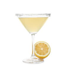 Lemon drop martini cocktail and fresh fruit on white background