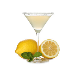Lemon drop martini cocktail and fresh fruits on white background