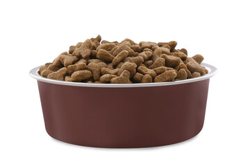 Dry food in pet bowl isolated on white