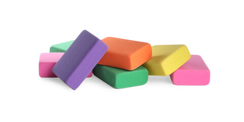 Obraz premium Pile of bright erasers on white background