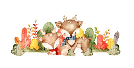 Watercolor autumn deer and plants