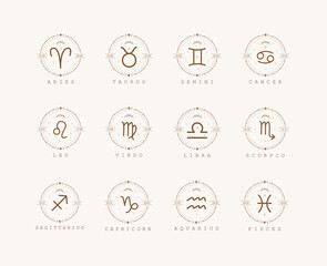 Zodiac signs in boho style. Set of astrological icons isolated on white background. Mystery and esoteric. Horoscope logo vector illustration. Spiritual tarot card.