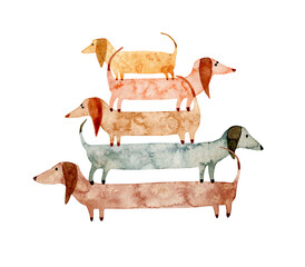 Watercolor hand drawn illustration with dachshund dogs standing on top of each other. Dogs set in a row isolated on white background. Different dogs set. Long stylized creative cute dachshunds.